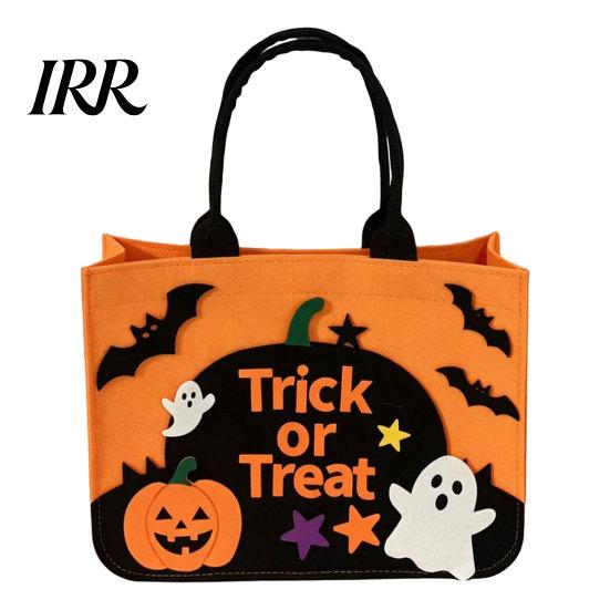 Child-friendly Halloween Bag Trick or Treat Bag, Felt Goodie with Pumpkin Ghost Patches, Orange And Black Large Candy Tote for Kids, Party