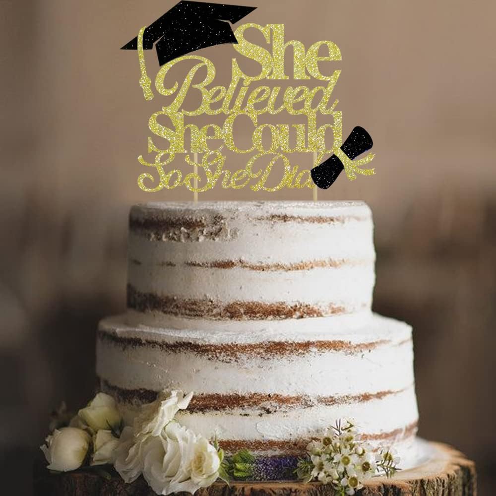 She Believed She Could So She Did Cake Topper for Graduation Decorations, 2025 Graduation Cake Topper, Congrats Grad 2025 Party Supplies (Gold)