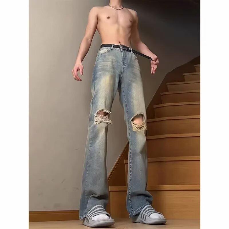 Retro blue knee ripped jeans men's extended version tall pants American high street straight high waist micro-pull pants