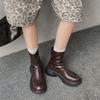 5Cm Fashion Round Head Thick Heel Waterproof Table Short Boots Women's Versatile Solid Color Casual Style Sheepskin Rear Zipper Thin Boots