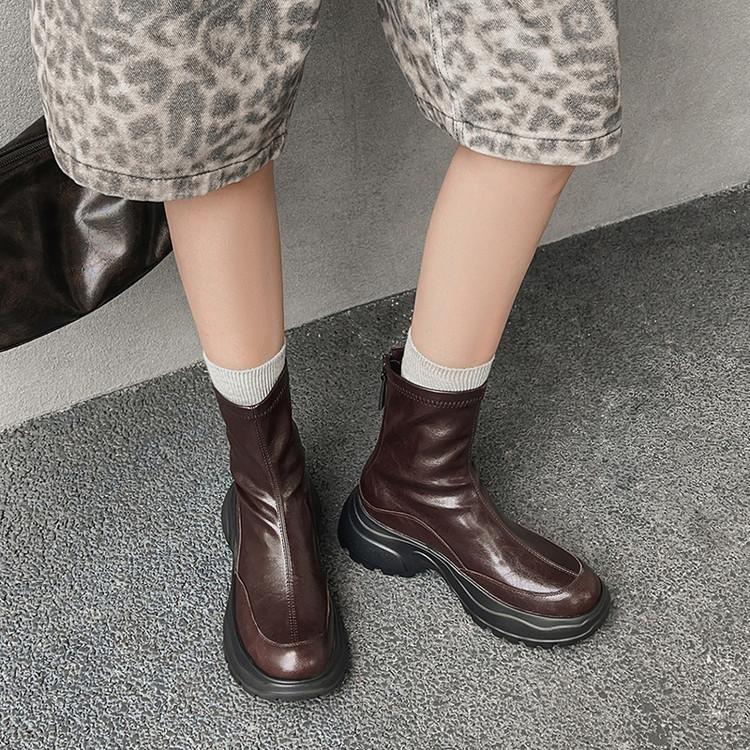 5Cm Fashion Round Head Thick Heel Waterproof Table Short Boots Women's Versatile Solid Color Casual Style Sheepskin Rear Zipper Thin Boots