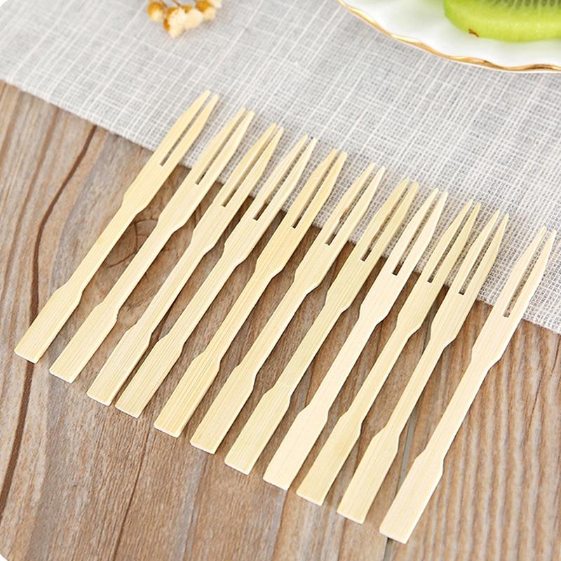 80Pcs Disposable Bamboo Fork Two-Tooth Fruit Fork Catering Household Fruit Fork