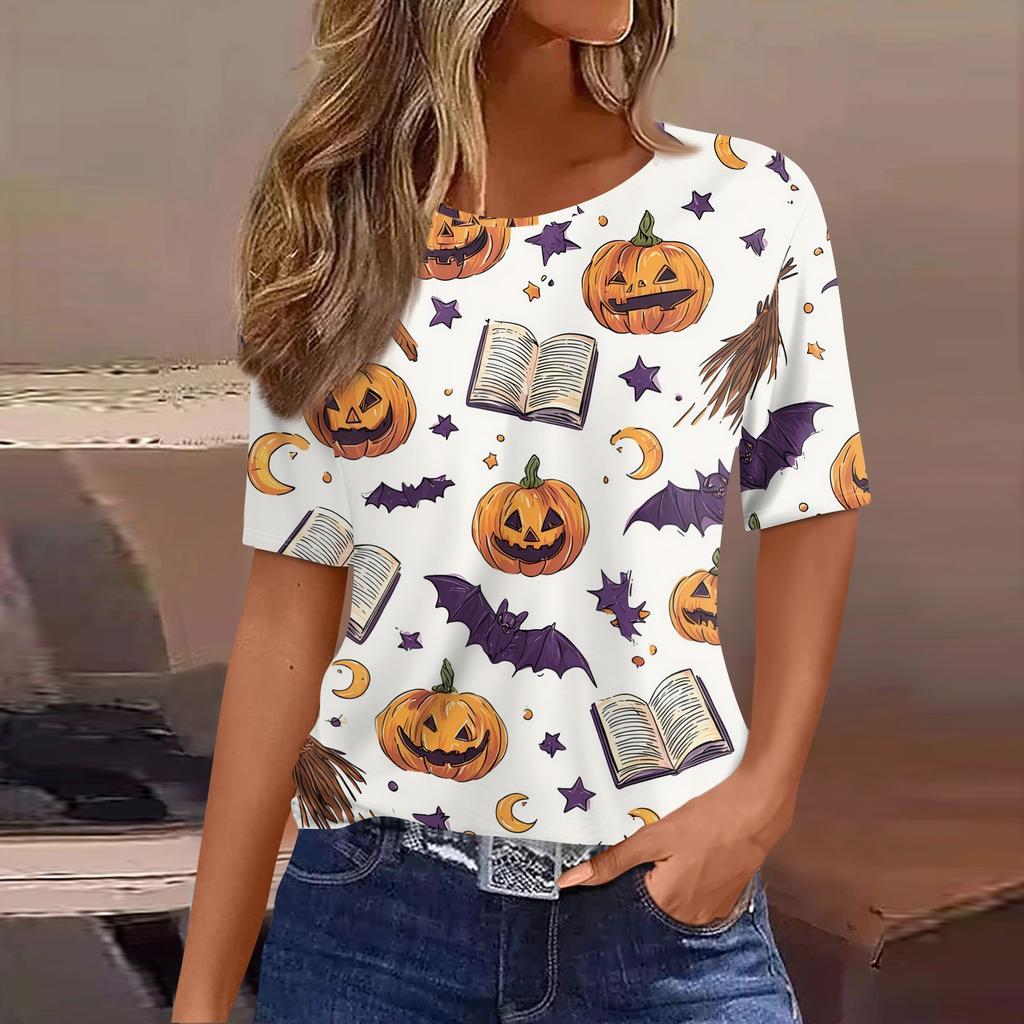 Women's Casual Halloween Short Sleeve Pullover Top Bat Pumpkin Print Round Neck Relaxed Fit Shirt for Fall