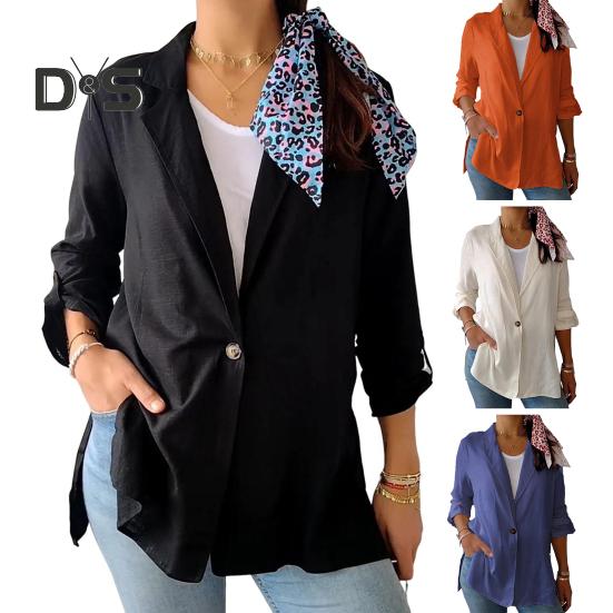 Women Suit Coat Lapel Long Sleeve Single Button Loose Fit Coat Solid Color Thin Work Office Suit Jacket Workwear