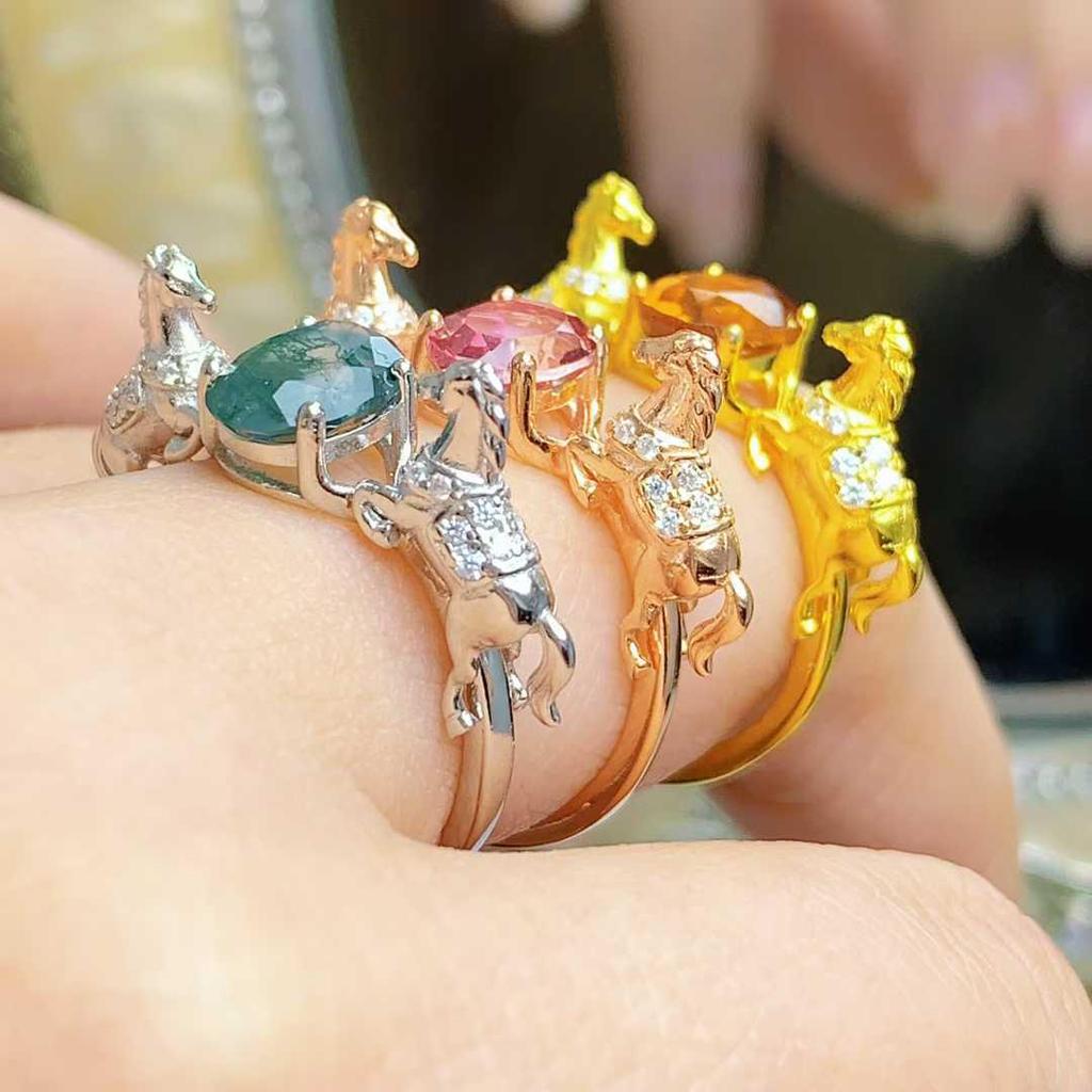 925 Sterling Silver Open Ring with Natural Gemstones and Horse Design - Luxurious High-End Feel