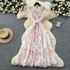 Elegant Lace Printing Formal Dresses Women Lapel Single-breasted Hollow Out Belt Slim Temperament Summer Dress