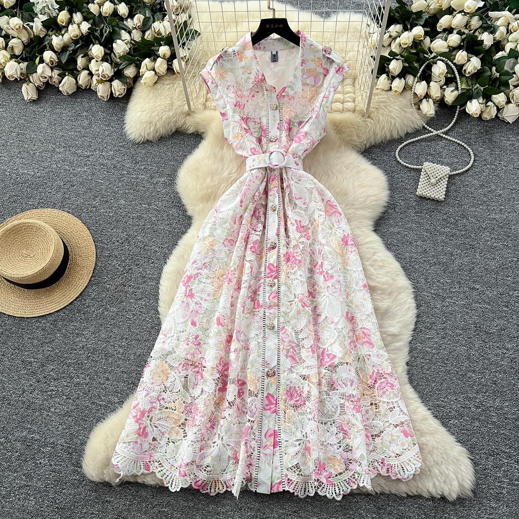 Elegant Lace Printing Formal Dresses Women Lapel Single-breasted Hollow Out Belt Slim Temperament Summer Dress