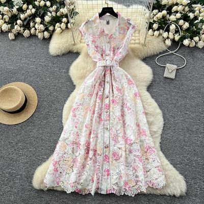 Elegant Lace Printing Formal Dresses Women Lapel Single-breasted Hollow Out Belt Slim Temperament Summer Dress