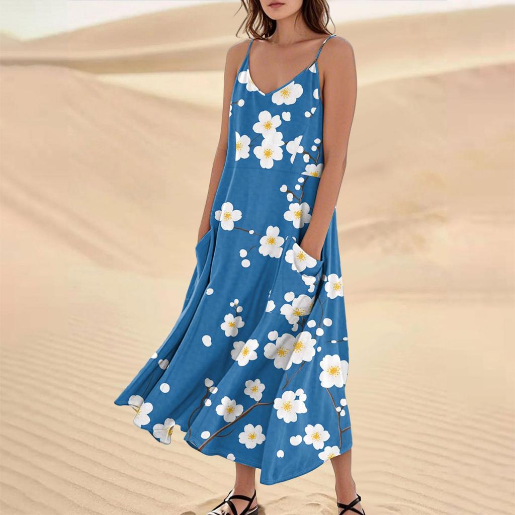 Damenmode Lässig Ärmellos Tasche Langes Strandkleid mit Blumendruck