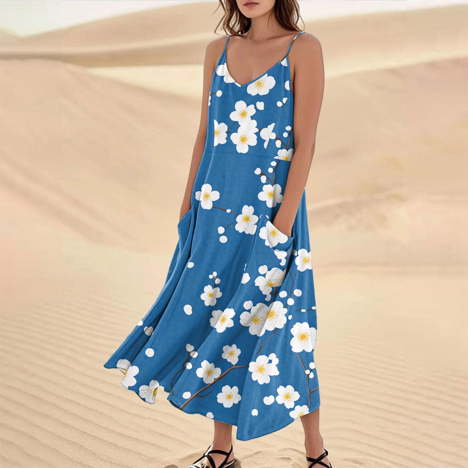 

Женское модное повседневное длинное пляжное платье без рукавов с карманом и цветочным принтом XL синий