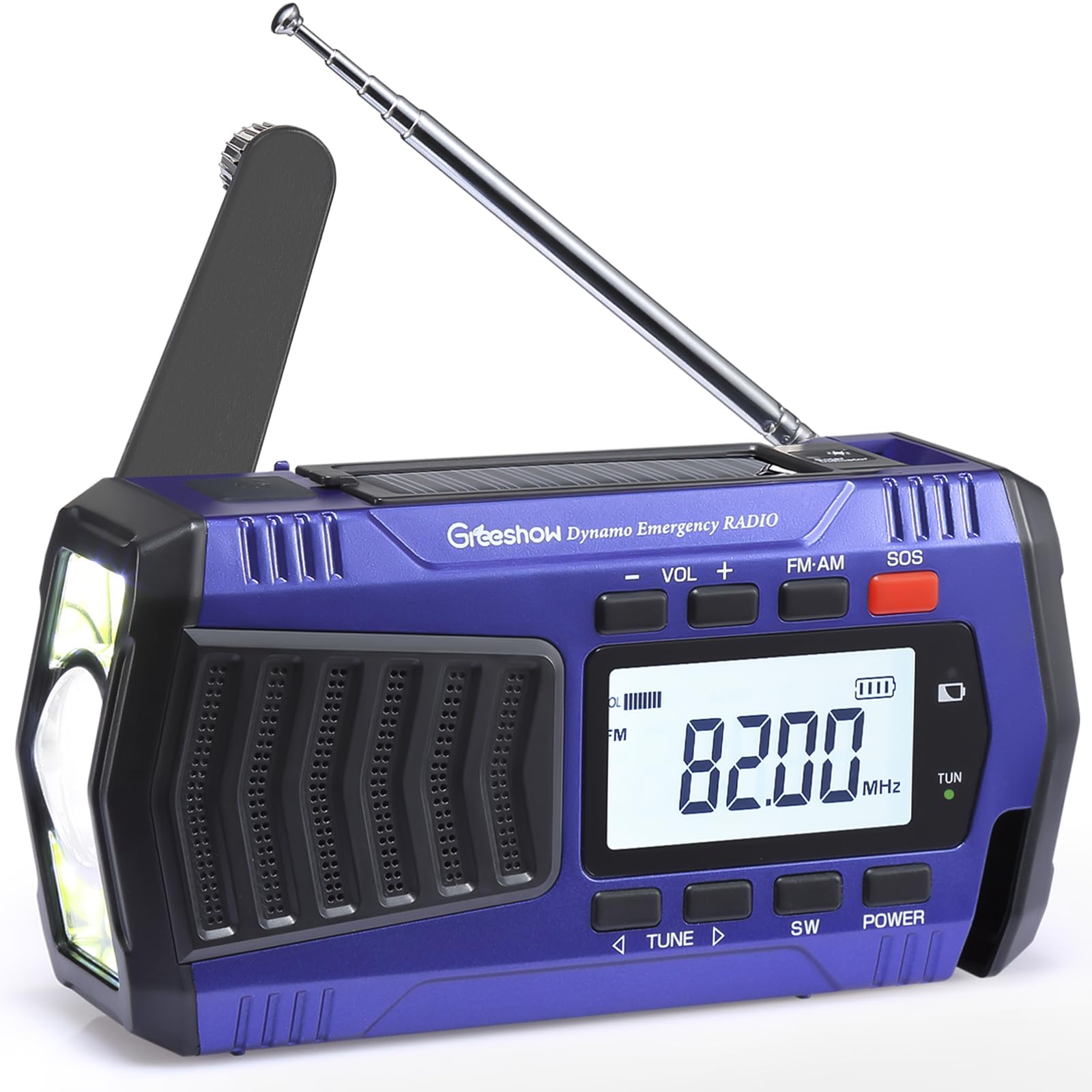 

Greeshow Emergency Radio, Multifunctional Hand-Crank Radio, Digital Tuning, FM/AM/SW Radio, High Sensitivity, 5000mAh USB Rechargeable, Solar Charging