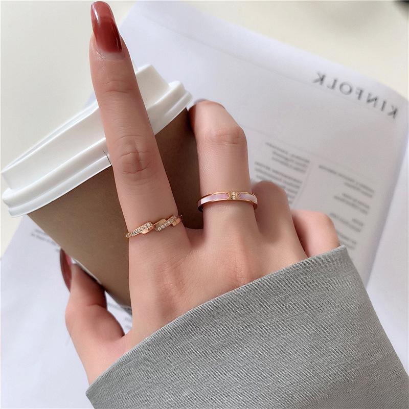 Micro-Inlaid Two-Diamond Pink Shell Gold-Plated Titanium Steel Ring for Women