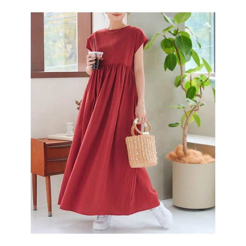 [Kobe lettuce] one piece ladies resort maxi dress trip Easy Nosuri short sleeve simple long [E1892] M tall sleeveless bordeaux