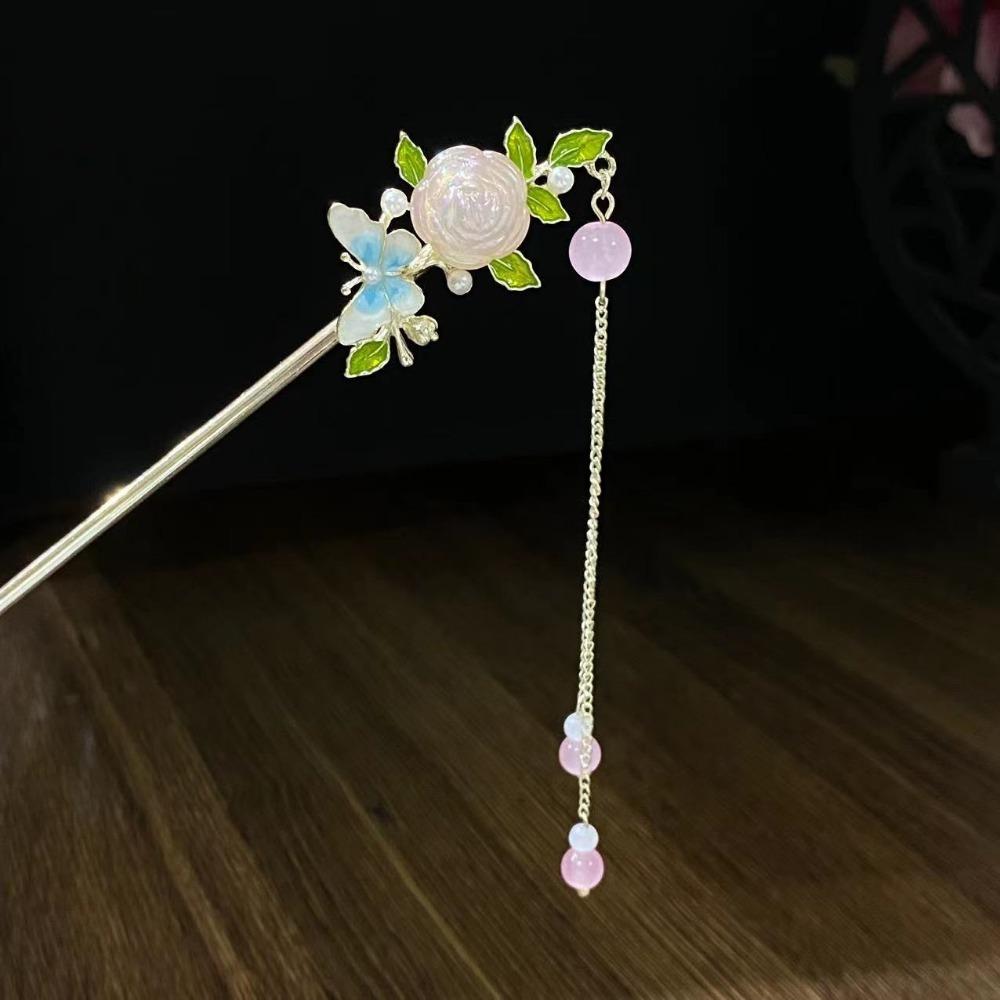 1pc Luxury Rose Tassel Hairpin Modern Chinese Shaking Butterfly Clip Vintage Elegant Hair Accessory Simple and Modern Hairpin