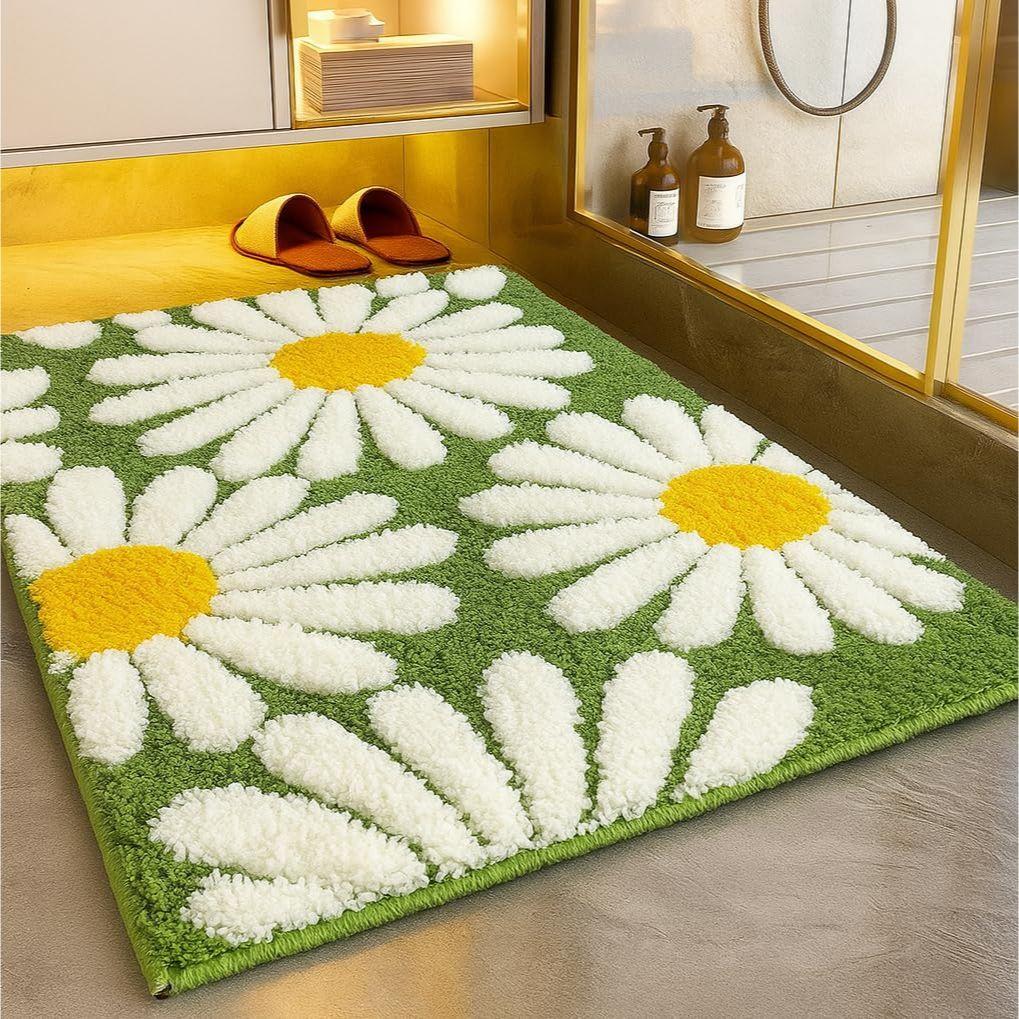 Flower Super Soft Microfiber Bath Mat Super Absorbent Anti-Skid Door Mats for Home/Bathroom/Bedroom/Kitchen/Floor Mat (Green) Pack of 1