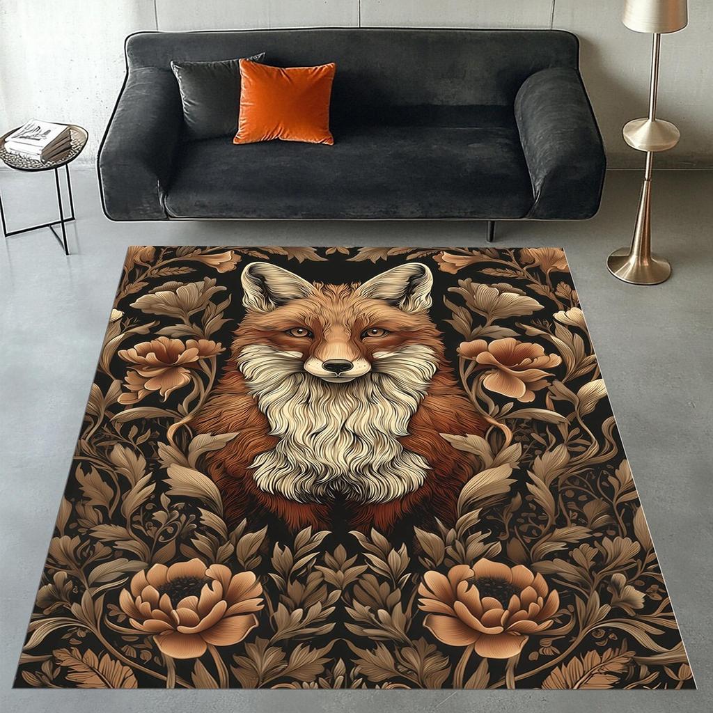 Fox Area Rug, Rustic Fox Rug, Fox Rug, Floral Fox Rug, Fox Themed Rug, Nature Inspired Carpet, Mushroom Rug, Rustic Animal Rug