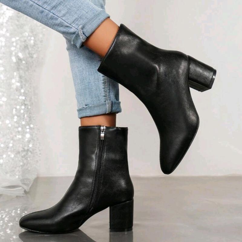 Short boots women's autumn new high heel thick heel small square head side zipper leather boots boos medium tube
