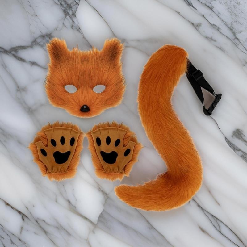 Foxes Tail Furry Gloves Foxes Face Cover Set Soft Animal Tail Foxes Costume Dress Up Set for Halloween Costume Cosplay