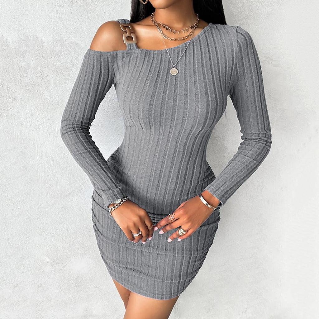 Women's Solid Color Off-the-shoulder Slant Collar Design Sense Bodycon Dress, Stylish, Slim, Sexy Long-sleeved Dress