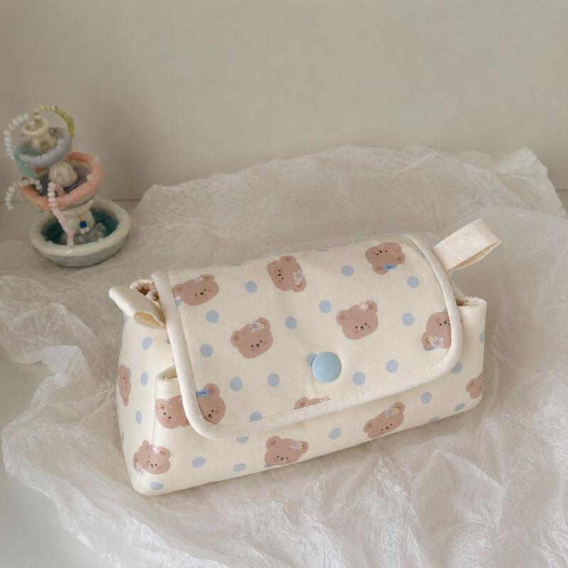Milk Blue Bear Polka Dot 3-Layer Pencil Case Large Capacity Student Stationery Box Cute Cosmetic Storage Bag
