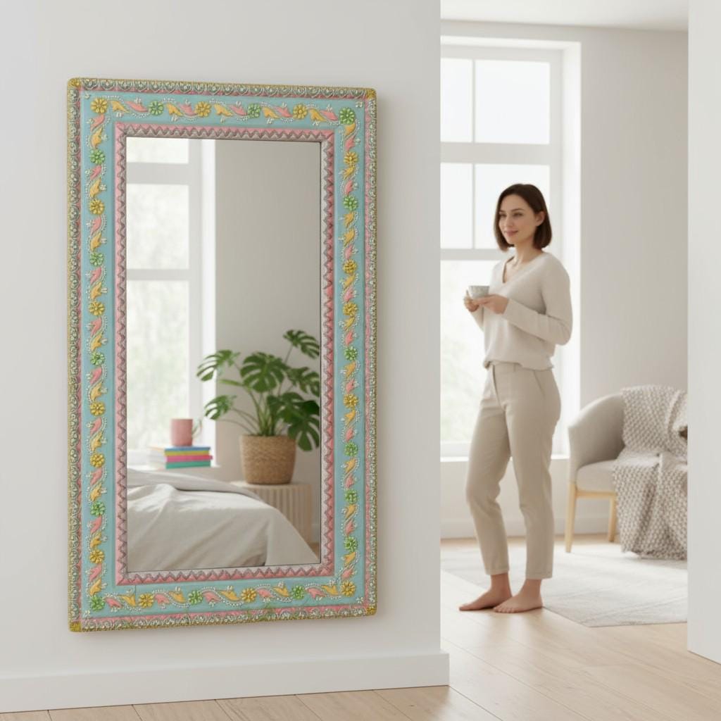 Wood Painted Wall Bedroom Mirror With Glass | Living Room Wall Hanging Mirror Fram | Wood Mirror with Ethnic Floral Design Traditional Wall