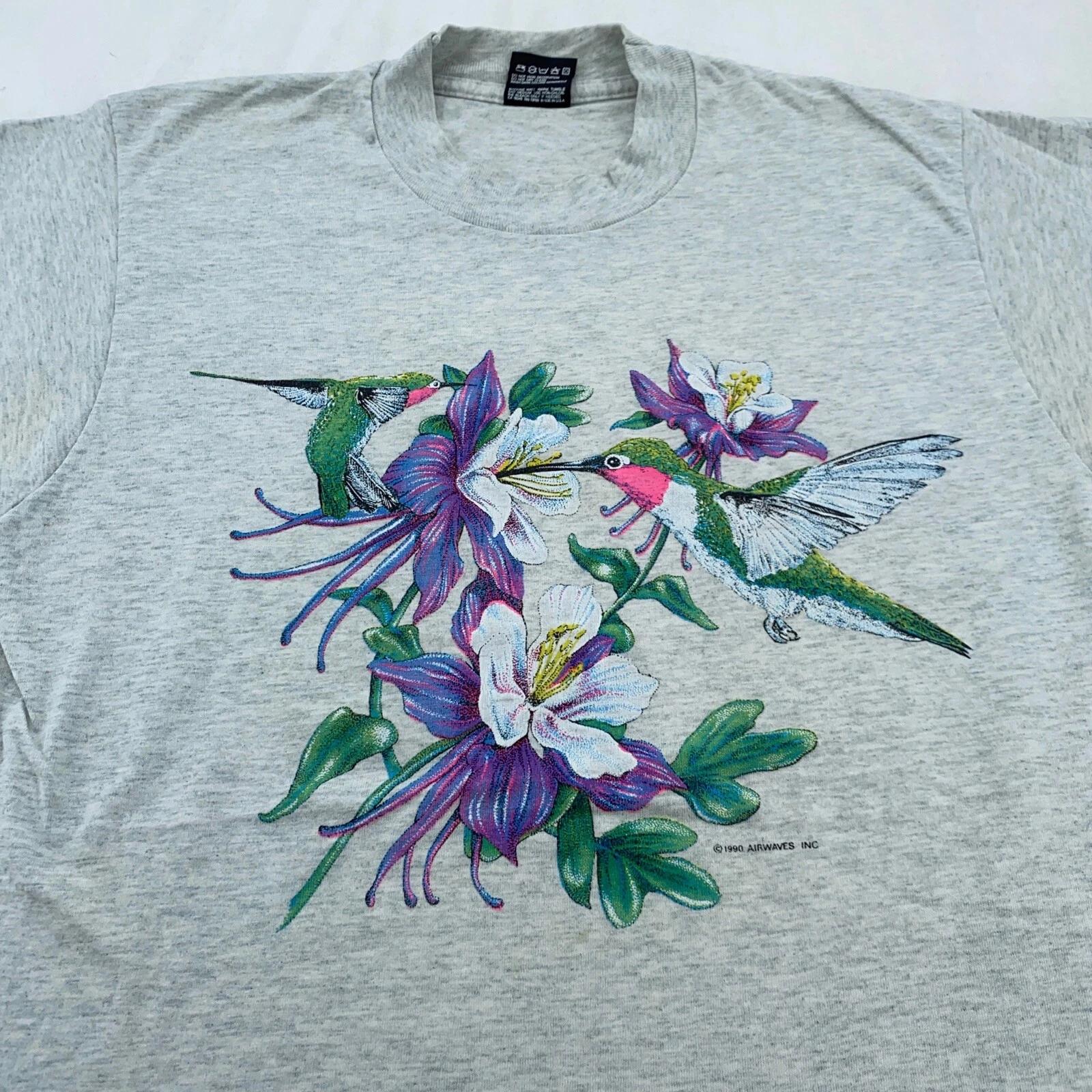 vintage 90s HUMMINGBIRD FLOWERS T-Shirt M nature animals XL