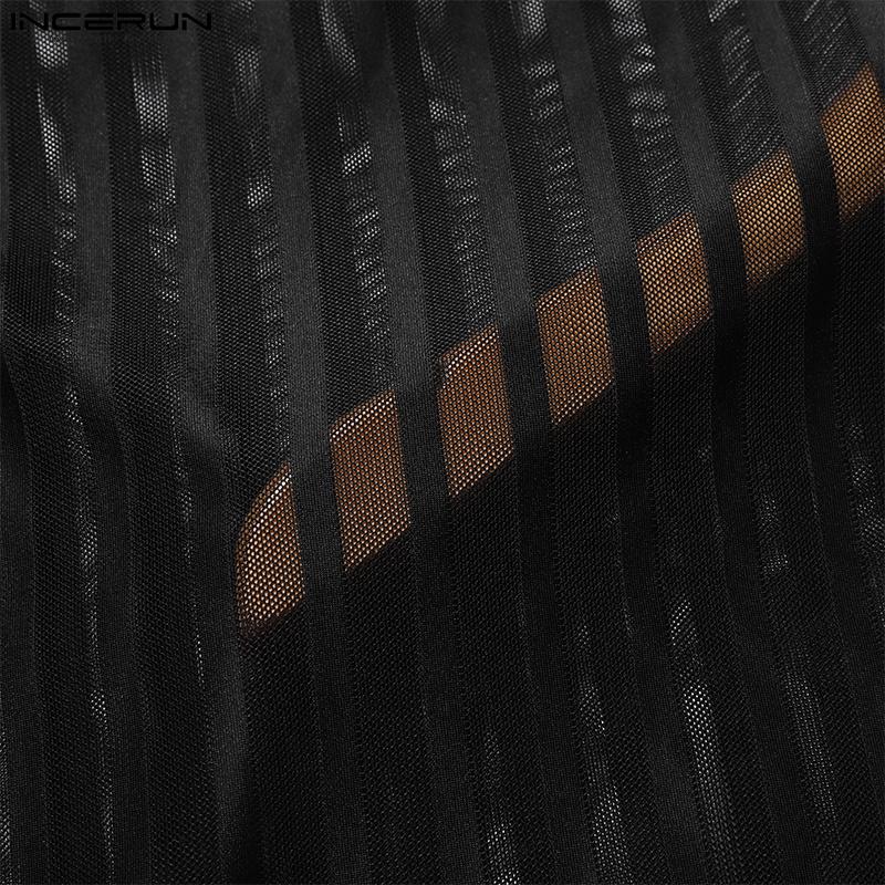 INCERUN Men Sleeveless See Through Vest Mesh Striped Tank Tops