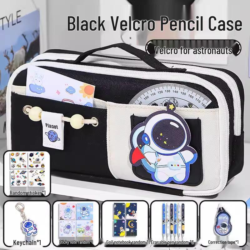 Send Astronaut Velcro! Boys' Black Dirt-Resistant Pencil Case, Hand-Carry, Large Capacity, New 2025 Style.