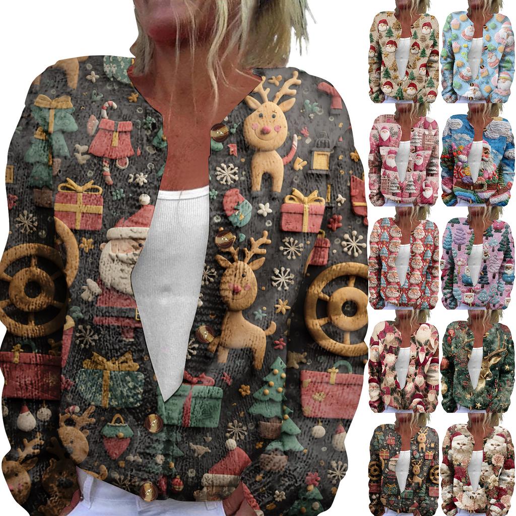 Women's Fashion Christmas Print Long Sleeve Knitted Cardigan Button Jacket