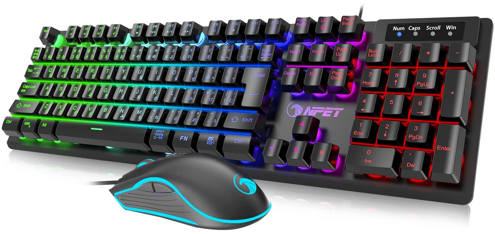 

NPET S20 Gaming Keyboard and Mouse Set, LED Backlit, 7 Colors, USB, 26 Keys, Anti-Collision, Adjustable Angle, Japanese Layout, 4-Level DPI