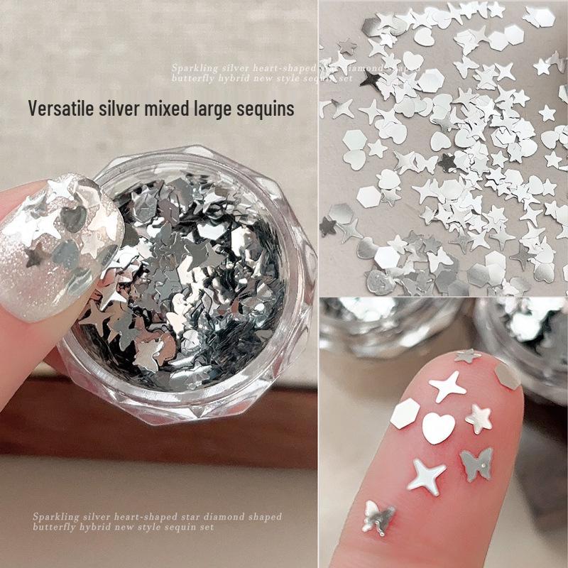 

2025 Silver Glitter Nail Art Set: Starburst, Heart, Star & Butterfly Accessories