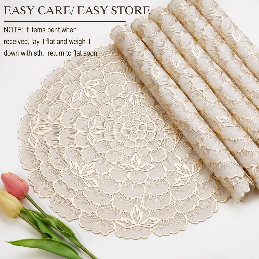 Creative Kitchen Round Placemats Gold PVC Place Mats Flower Leaf Washable Dining Table Mats Party Table Decorative
