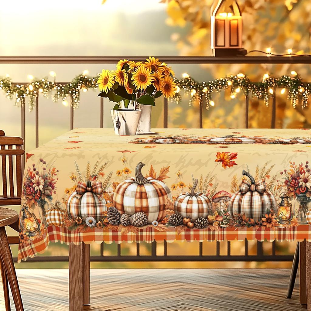 1 Piece Thanksgiving Round And Rectangular Tablecloth, Various Sizes, Autum Pumpkin Wheat Ear Orange Plaid Tablecloth, Table Cover For Home Kitchen, T