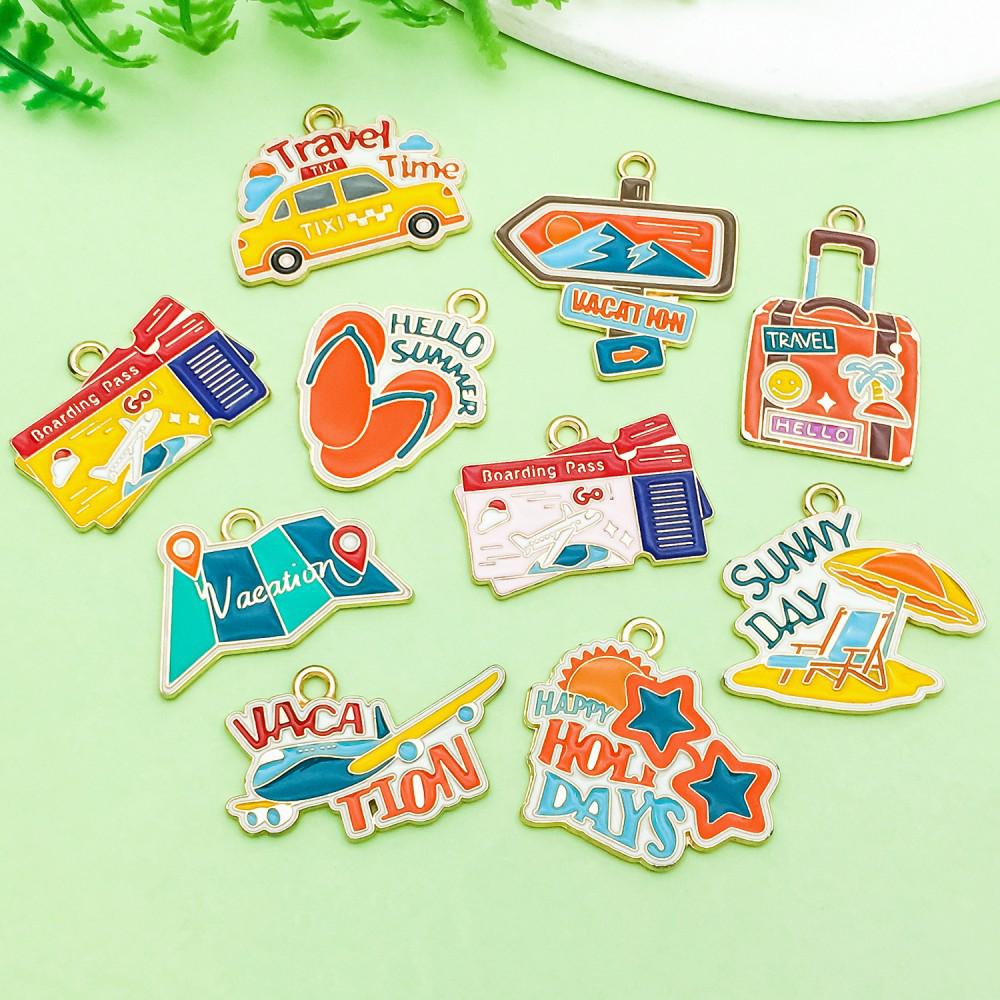 Colorful Enamel Cartoon Beach Charms for DIY Jewelry - Summer Travel Style, Set of 10