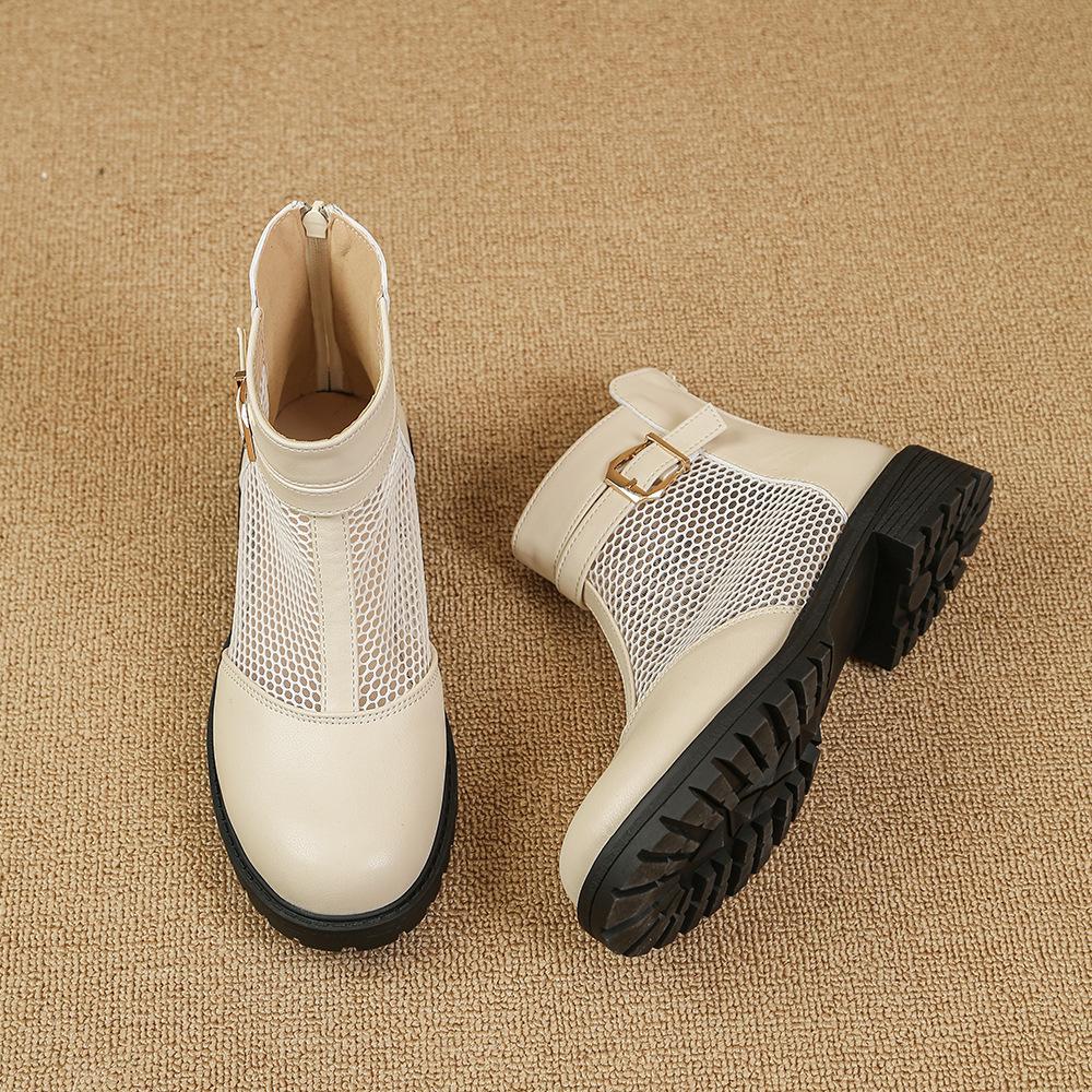 Spring and summer new women's shoes soft leather thick heel mesh hollowed out breathable cool boots hole leather boots fashionable versatile boots