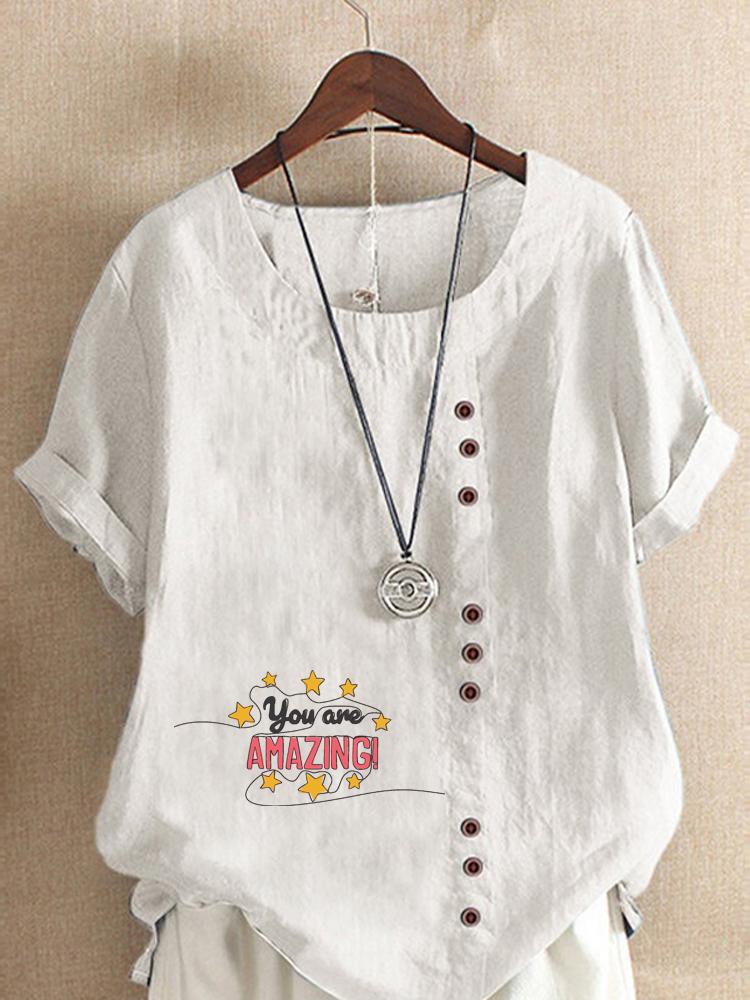 Women's Fashion Letter Print Round Neck Short Sleeve T-shirt Casual Cotton Linen Graphic Shirt Leisure Loose Summer Blouse Tops
