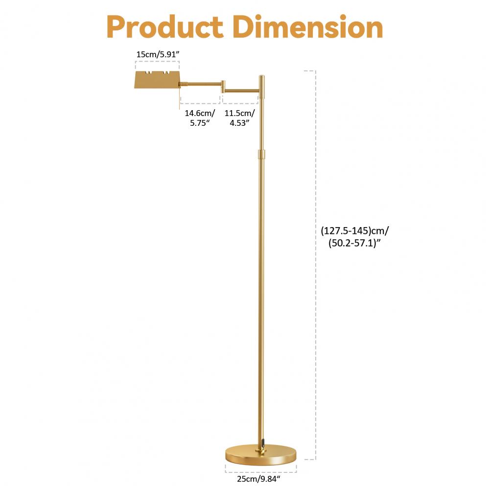 Dimmable Metal Floor Lamp, 12W LED Reading Floor Lamp with Swing Arm, 3 Color Temperature, Height Adjustable Standing Lamp