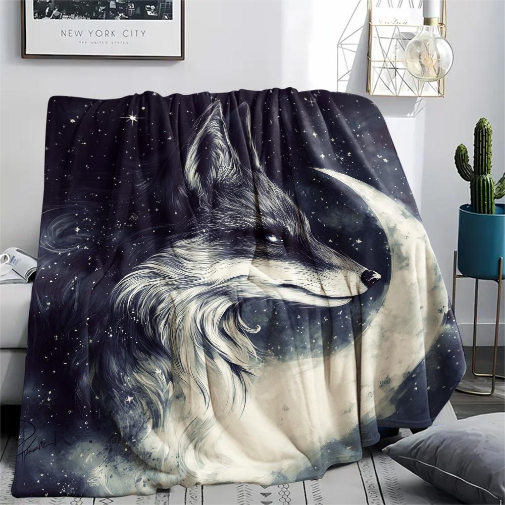 Fox and Moon pattern Flannel Blanket, High quality Comfortable for All Seasons, Home Decor, Warmth and Comfort, Perfect for Gifts.