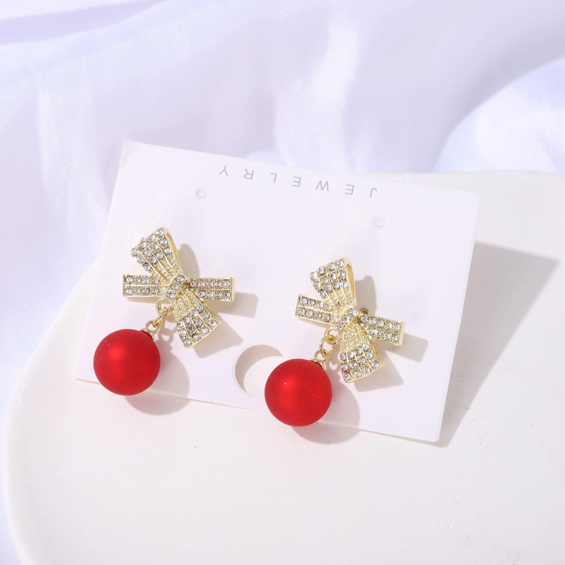 

Imitation Pearl Bowknot Rhinestone Crystal Drop Earring for Women Cute Red White Black Christmas Zircon Gift