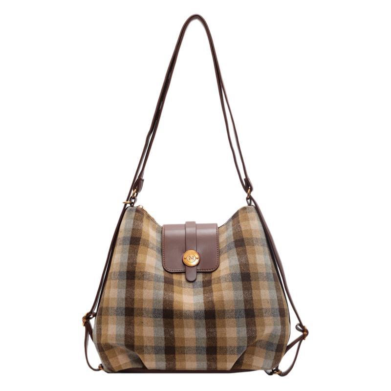 Casual Woolen Plaid Bag Women's 2025 New Retro Niche Shoulder Bag Travel Backpack Commuter Tote Bag