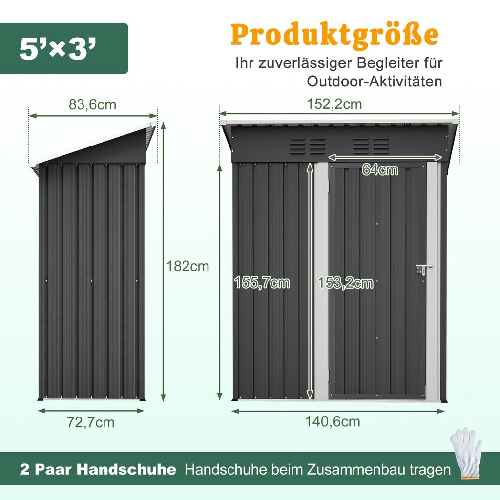 Capanno da Giardino Tetto Piano 152x84x182 cm, Capanno Attrezzi con Porta in Metallo Chiusurabile, Senza Finestra, 1,27 m² di Spazio di Stoccaggio, Design Resistente alle Intemperie per Attrezzi da Giardino, Nero