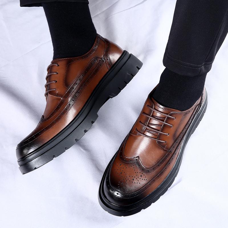 Spring New Men's Genuine Leather British Style Thick Sole Casual Leather Shoes Brand Men's Lace Up Carved Business Leather Shoes