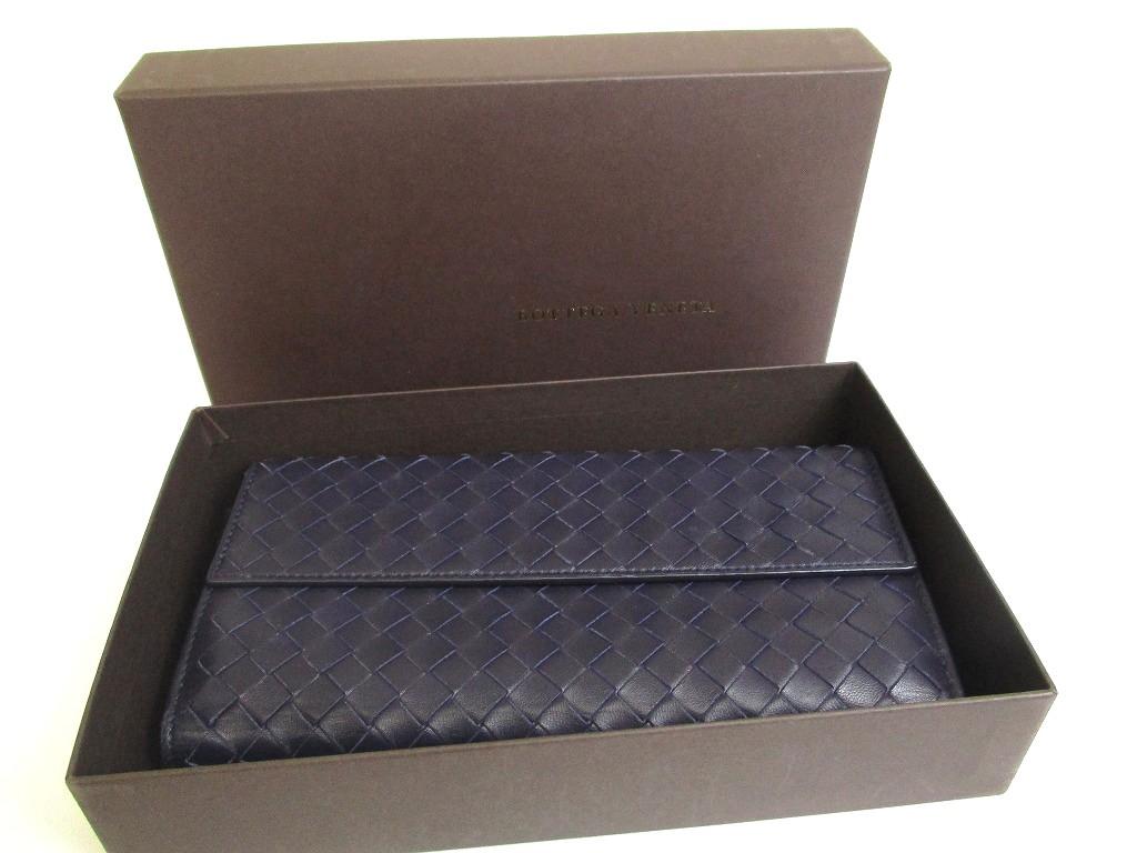 Authentic BOTTEGA VENETA Intrecciato Deep Navy Blue Leather Flap Long Wallet #a763  Refurbished