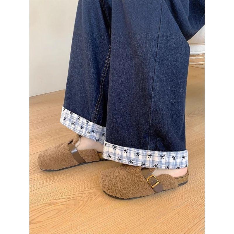 Real Shot American Letters Embroider Bows Gingham Color Contrast Patchwork Denim Summer Loose Wide Leg Mop Pants