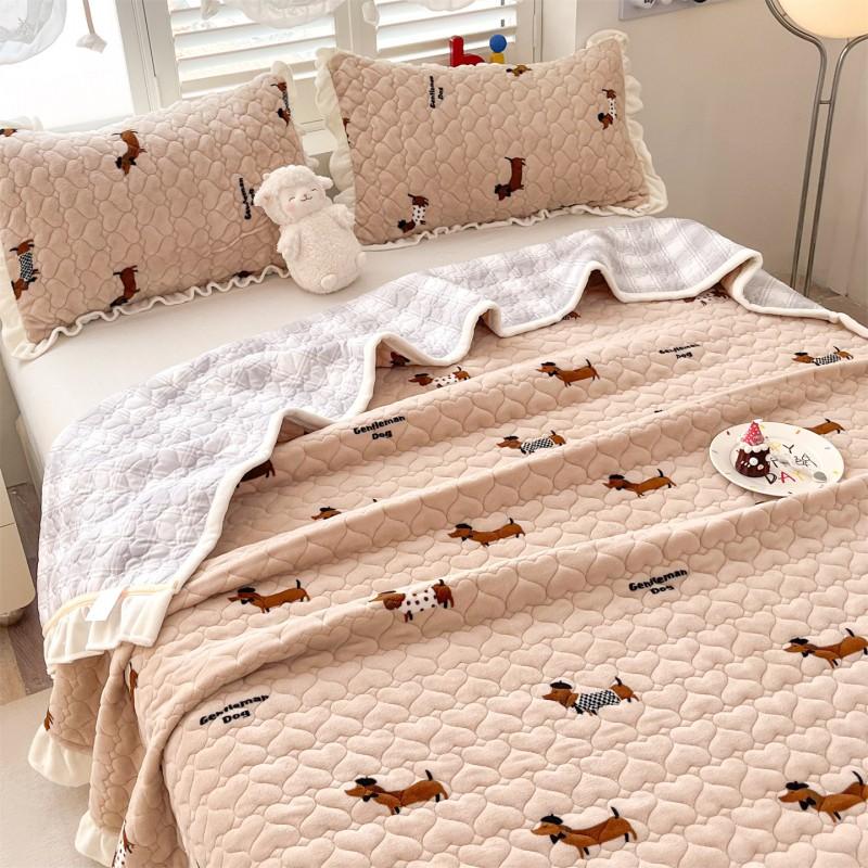 Thick Warm Milk Coral Fleece Bedding Set Floral Bedspread Quilt Cover Lace Trim Home