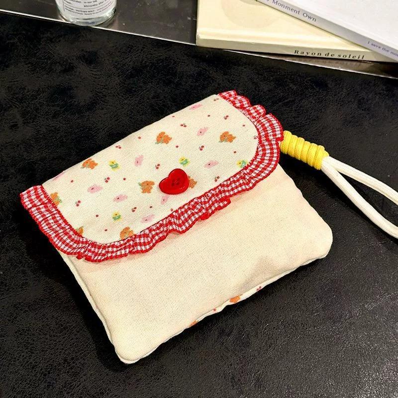 Womens Small Coin Purse Heart Button Decor Lipstick Sanitary Napkin Coin Money Bag Floral Earphones Data Cable Storage Case