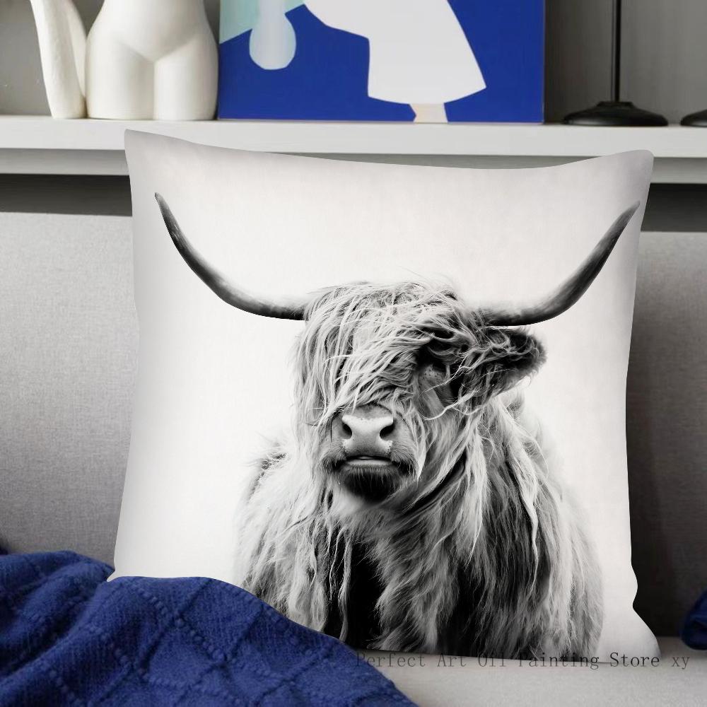 Highland Cattle Pillow Case Fashion Square Pillowcase Bedroom Sofa Room Ins Decoration Leisure Cushion Cover 40x40