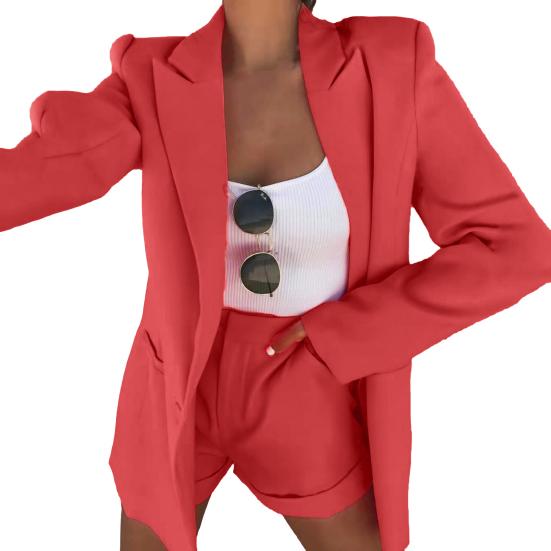 2Pcs/Set Ladies Suit Solid Color Lapel Neck Cardigan Blazer Summer Jacket Shorts Suit Commuter Clothes Streetwear