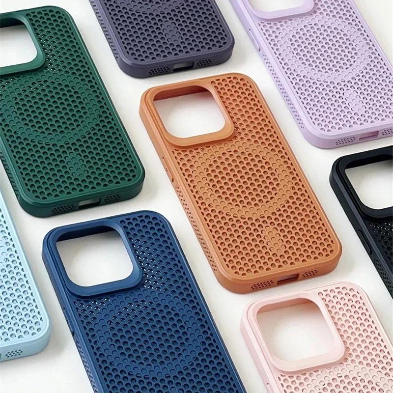 Ultra Thin Heat Dissipation Mesh Magnetic Case For iPhone 16 15 13 12 14 11 Pro Max For Magsafe Matte Shockproof Hard PC Cover