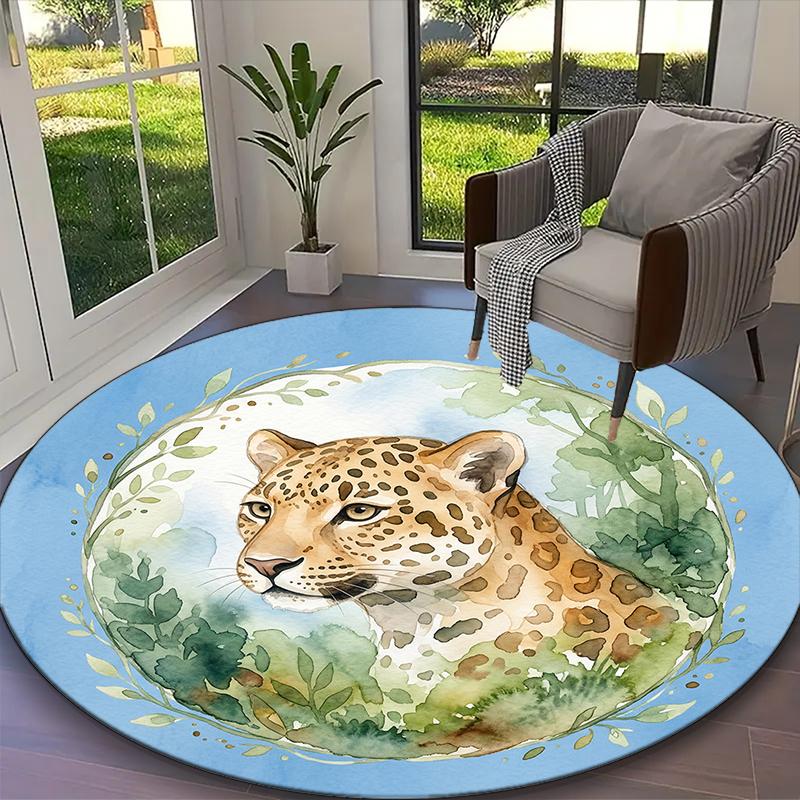 1pc Office Carpet, Golden Vintage Leopard Chair Rug, Living Room Printed Round Rug, Home Chair Floor Mat